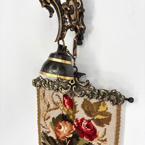 Vintage Floral Needlepoint Bell Pull Ornate Brass Hardware Functional Bell 40in